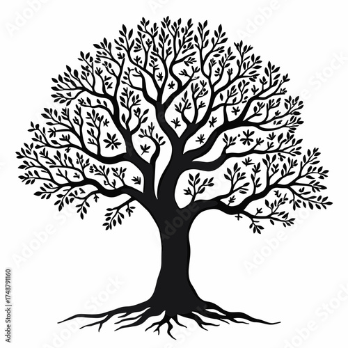 Silhouette of a detailed tree with branches and roots against a white background