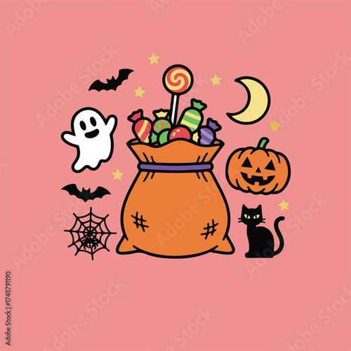 A digital illustration showcases an orange Halloween candy bag overflowing with treats alongside a ghost, bats, a spiderweb, pumpkin, black cat, and stars on a pink backdrop.