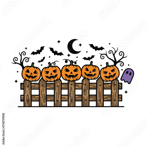 Cartoon illustration of a Halloween scene with pumpkins on a fence under a crescent moon, bats, and a ghost, conveying a spooky yet playful holiday mood.