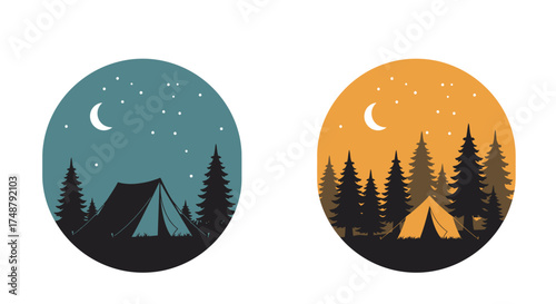 Two oval designs featuring camping scenes under a starry night sky