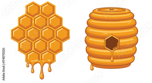 Illustration of honeycomb structure and dripping honey in golden hues