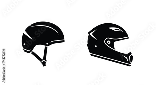 Two black silhouette helmets one cycling and one motorsport style