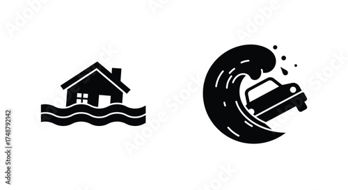 Illustrative depiction of a house and car engulfed by a large flood wave