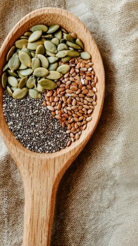 Wooden spoon delight with pumpkin, flax, and chia seeds on natural fabric background