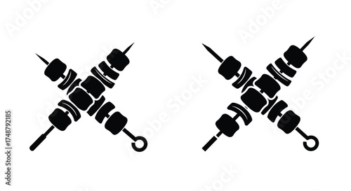 Two crossed skewers with meat and vegetables a simple black and white design