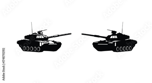 Two black silhouettes of modern military tanks facing each other