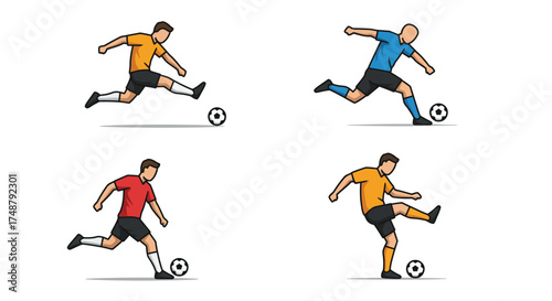 Cartoon illustration of four soccer players in dynamic action poses