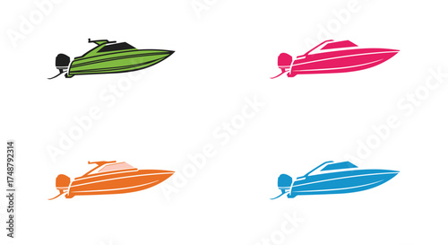 Colorful minimalist illustrations showcase four different speedboats on a white background