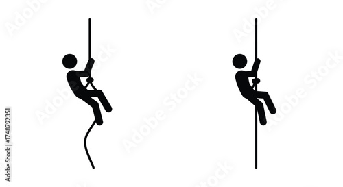 Simple black and white illustration of two people climbing ropes