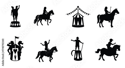 Black silhouettes depicting a classic circus scene with performers and animals