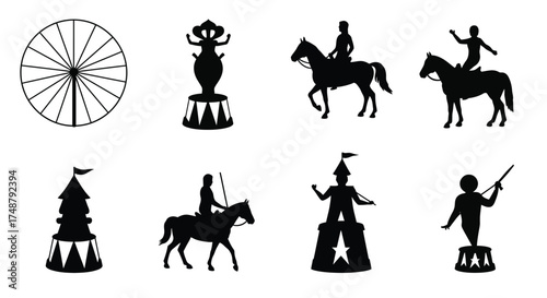 Black silhouettes depict a whimsical circus scene with horses and rides