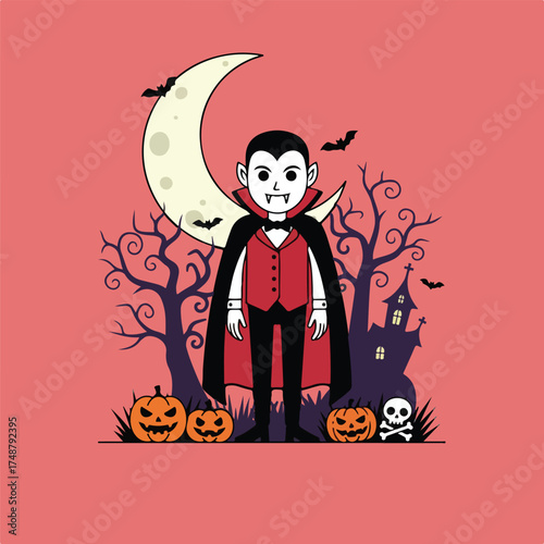 Cartoon drawing of a Vampire standing between pumpkins, a skull, a full moon, trees, bats, and a haunted house on a red background.