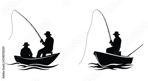Two silhouetted fishermen in boats with fishing rods on water