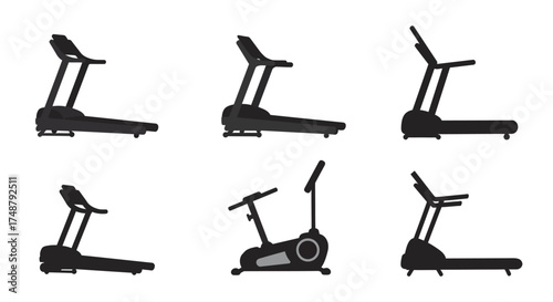 Illustrative graphics of treadmills and an exercise bike for fitness routines