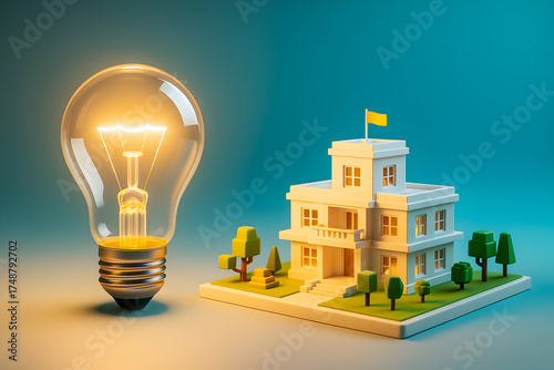 Smart Home Energy Concept — Glowing Light Bulb with Modern House Diorama
