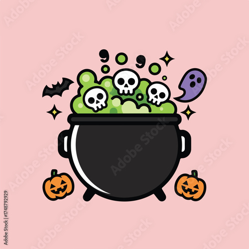 Illustration of a cauldron with skulls and bubbling green liquid, surrounded by Halloween pumpkins, a bat, and a ghost against a pink background.