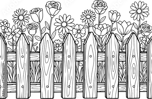 flower garden with wooden fence line art
