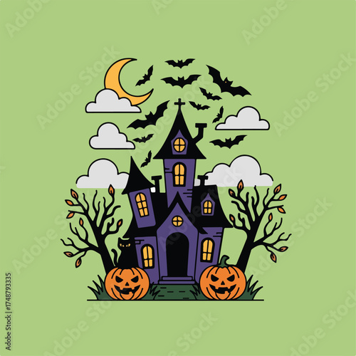 Cartoon illustration of a haunted house with bats, pumpkins, trees, a cat, and moon for Halloween.