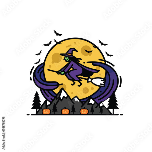 A stylized cartoon illustration of a witch flying on a broomstick in front of a yellow moon with bats, mountains, pumpkins, and pine trees.