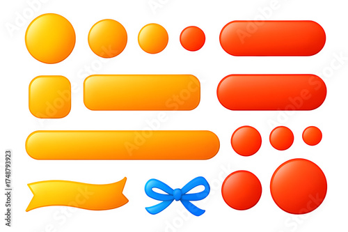 Collection of orange and red rounded buttons and ribbons isolated on transparent background