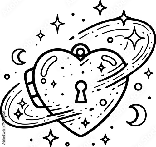 magical celestial heart locket outline drawing

