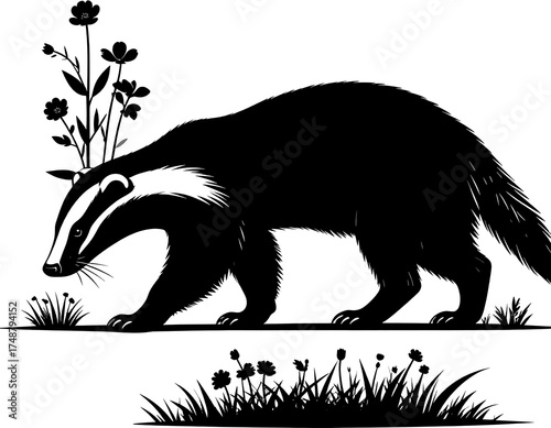 Badger Silhouette in Grassy Meadow with Flowers.