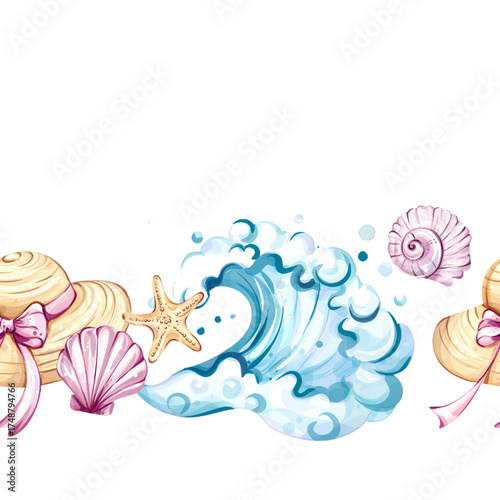 Seamless pattern background wallpaper featuring summer elements like beach hats, waves, seashells, and starfish for a vibrant vacation feel