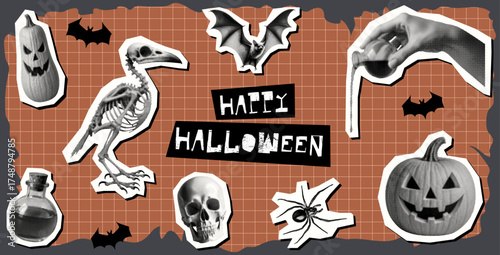 happy halloween collage concept set with carved pumpkin skull spider bat skeletal bird eerie hand holding potion bottle halftone dotted cut-out collage elements grunge seasonal party design