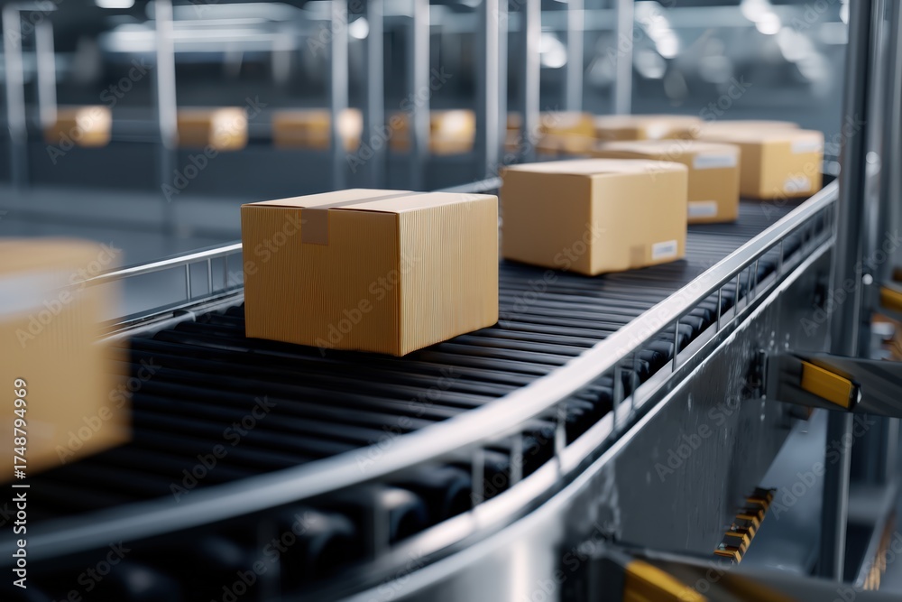 Naklejka premium Cardboard parcels moving along a dark conveyor belt in a modern logistics sorting facility, representing shipping and distribution
