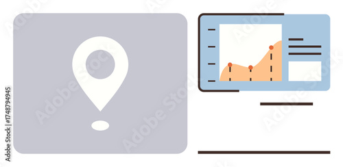 Pin marker next to computer screen displaying chart data trends and analytics. Ideal for business, location tracking, marketing, analysis, technology, navigation, data. Simple flat metaphor