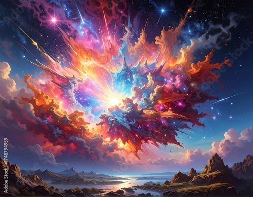 Colorful Exploding Nebula Sky Landscape.