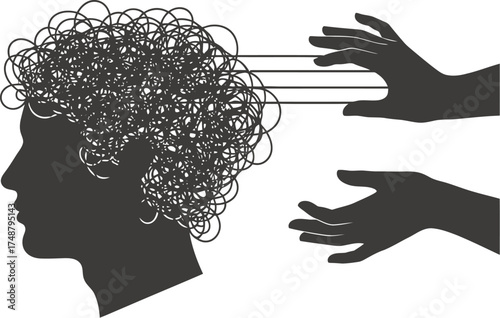 Silhouette of hands smoothing chaotic lines in parent head