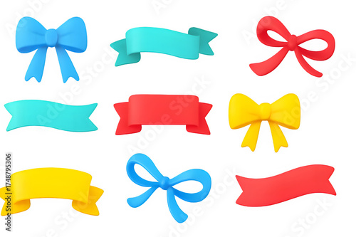 Collection of colorful ribbons and bows isolated on transparent background