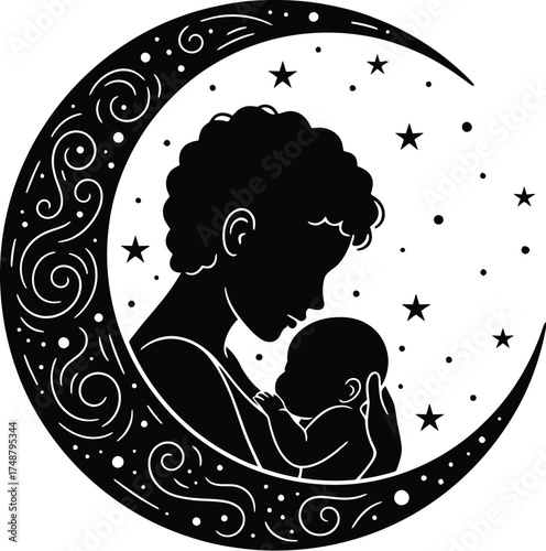 Restorative Sleep Silhouette of Parent and Baby with Crescent Moon

