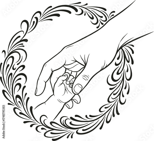 Close-up Silhouette of Parent and Baby Hands with Abstract Gratitude Lines

