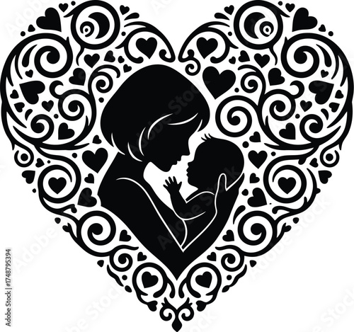 Parent and Baby Embrace Silhouette with Connecting Heart

