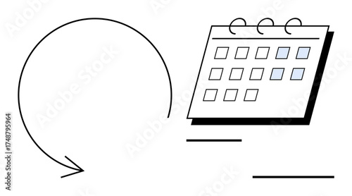 Arrow creating a loop directs attention to a calendar with marked dates. Ideal for time management, deadlines, planning, organization, recurrence, productivity, simple flat metaphor