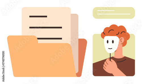 Open file folder with documents and man holding mask portraying anonymity, privacy, secrets, or self-expression. Ideal for data privacy, identity protection, anonymity, organization, secret sharing