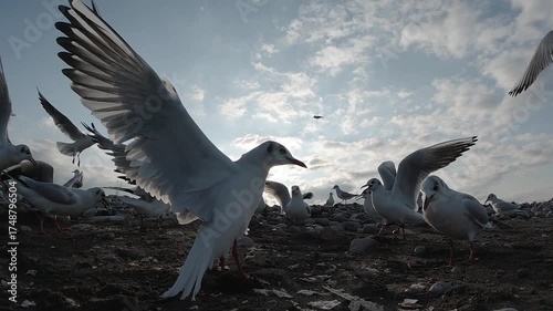 Super slow motion 240fps close up of seagulls feeding and taking flight. The dramatic wing movement and low-angle perspective highlight the intensity and beauty of the birds in motion against the sky.