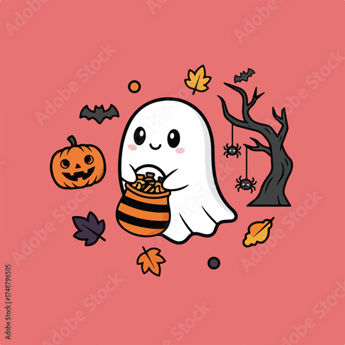 A cute cartoon Halloween image featuring a ghost with a bag of candy, surrounded by a pumpkin, bats, leaves, and a spooky tree.