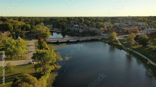 Small American town skyline. Aerial view, Establishing shot