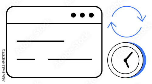 Browser interface window with minimal lines, circular refresh arrows indicating progress, and clock depicting time tracking. Ideal for workflow, efficiency, productivity, scheduling, technology