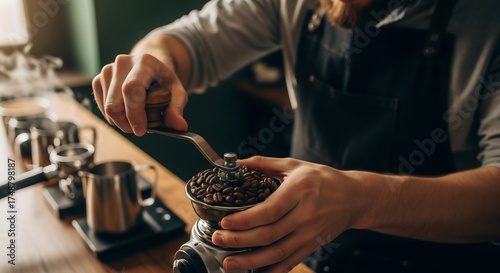 Male barista grinding fresh coffee beans with hand grinder, cinematic natural light, lifestyle photography for artisan coffee branding and cafe marketing