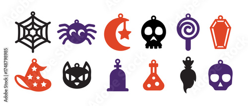 Set of Halloween designs of earrings, pendant or keychain with spider, web, skull, coffin, witch hat, cat face. Jewelry cutting template. Laser cut with leather, wood or metal. Vector silhouette