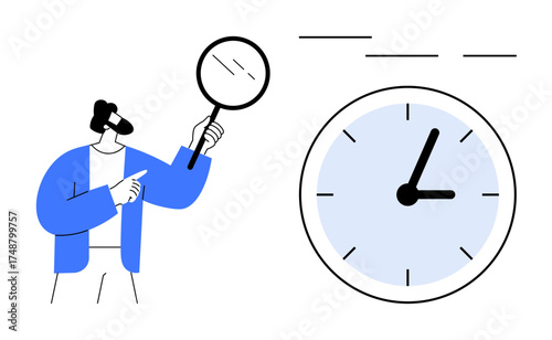 Individual holding magnifying glass examines time, represented by a large clock. Ideal for time management, productivity, focus, punctuality, efficiency, planning analysis. Simple flat metaphor
