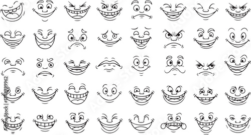 Minimalist black facial expression icon set – hand-drawn cartoon-style faces showing 35 exaggerated emotions for design, animation, psychology, and communication visuals.