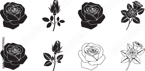 Minimalist black rose icon set – hand-drawn silhouettes and line art of blooming roses, buds, and clusters for romantic design, botanical visuals, and artistic graphics.