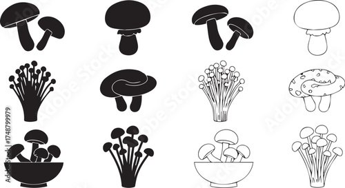 Minimalist black mushroom icon set – hand-drawn silhouettes and outlines of diverse fungi in clusters, pairs, and solo forms for botanical design, culinary visuals, and educational graphics.