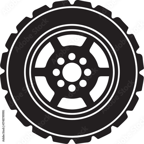 Minimalist black tire icon – hand-drawn silhouette of rugged tread and multi-spoke rim for automotive design, mechanic visuals, and transportation-themed graphics.