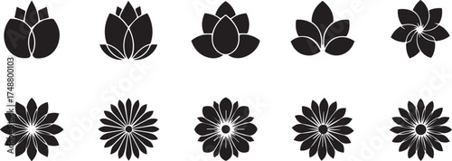 Minimalist black floral icon set – hand-drawn silhouettes of lotus, daisy, and chrysanthemum-inspired flowers for decorative design, branding visuals, and nature-themed graphics.